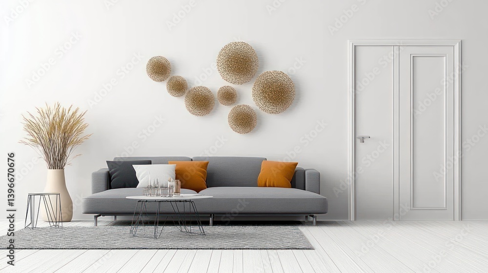 Contemporary Scandinavian Living Room with Gray Sofa and White Walls, Minimalist Home Design 3D Rendering