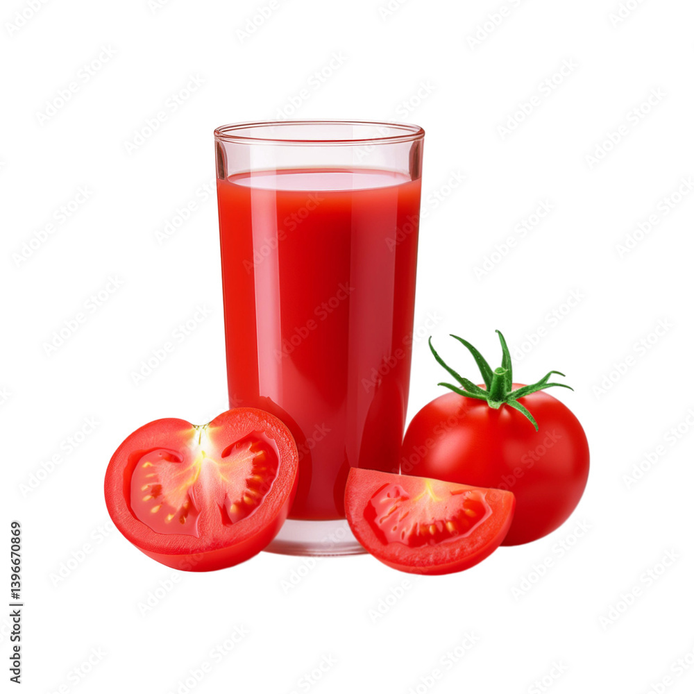 Glass of fresh tomato juice with whole and slices on transparent background Glass of fresh tomato juice with whole and slices on transparent background