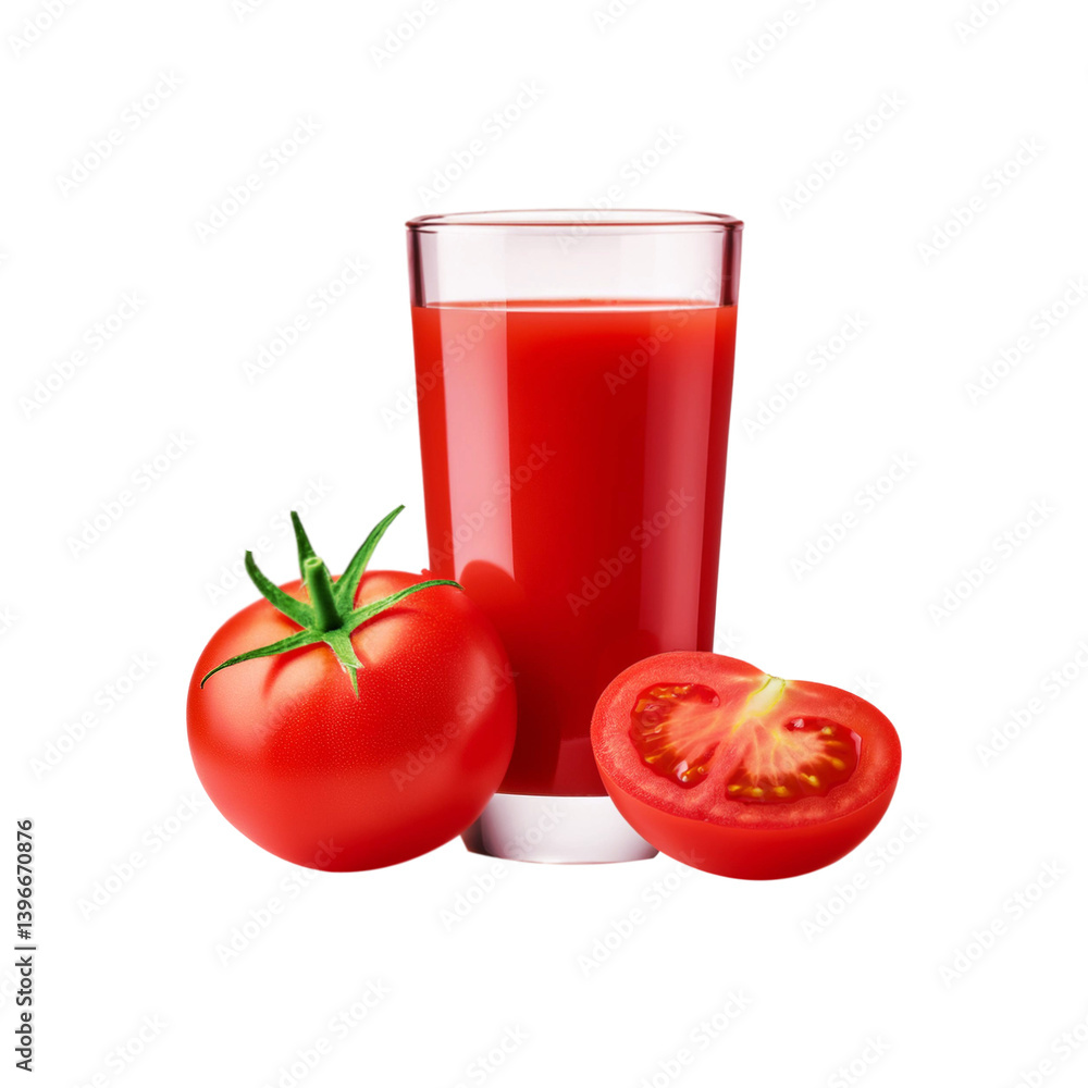 Glass of tomato juice with half slice on transparent background Glass of tomato juice with half slice on transparent background
