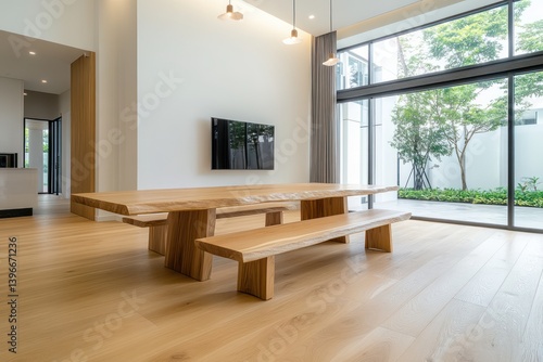 Obraz na płótnie Cozy Scandinavian Home: Natural Solid Wood Live Edge Dining Table and Bench in Modern Living Room Interior Design w salonie