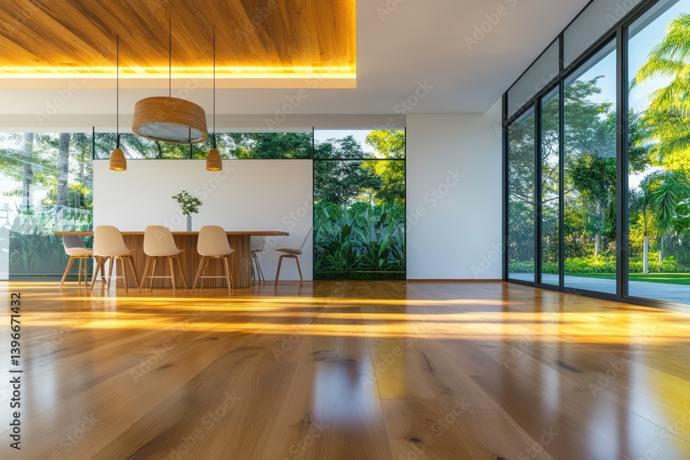 Rustic wooden dining table and chairs in a modern living or dining room interior