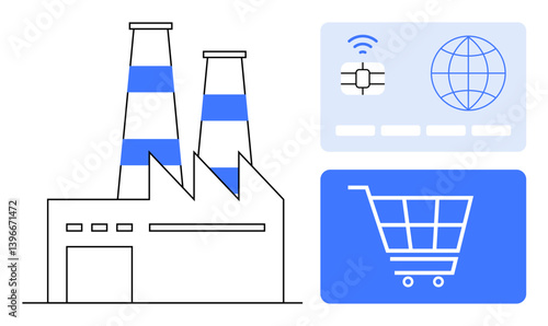 Factory with chimneys, network card for global connectivity, and shopping cart icon. Ideal for industry, manufacturing, global trade, technology, online commerce, innovation flat simple metaphor