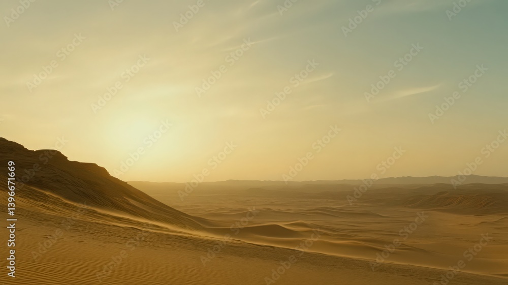 Expansive Desert Landscape Featuring Rolling Sand Dunes Under Clear Sky At Sunset With Golden Sunlight and Soft Texture With Golden Hour Landscape Expansive Desert Landscape Featuring Rolling Sand Dunes Under Clear Sky At Sunset With Golden Sunlight and Soft Texture With Golden Hour Landscape