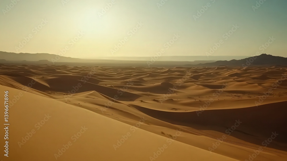 Fototapeta premium Expansive Golden Sand Desert Landscape with Soft Lighting and Undulating Dunes in a Scenic Panoramic View Under a Clear Sky