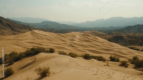 Expansive Desert Landscape with Rolling Sand Dunes Under Hazy Sky