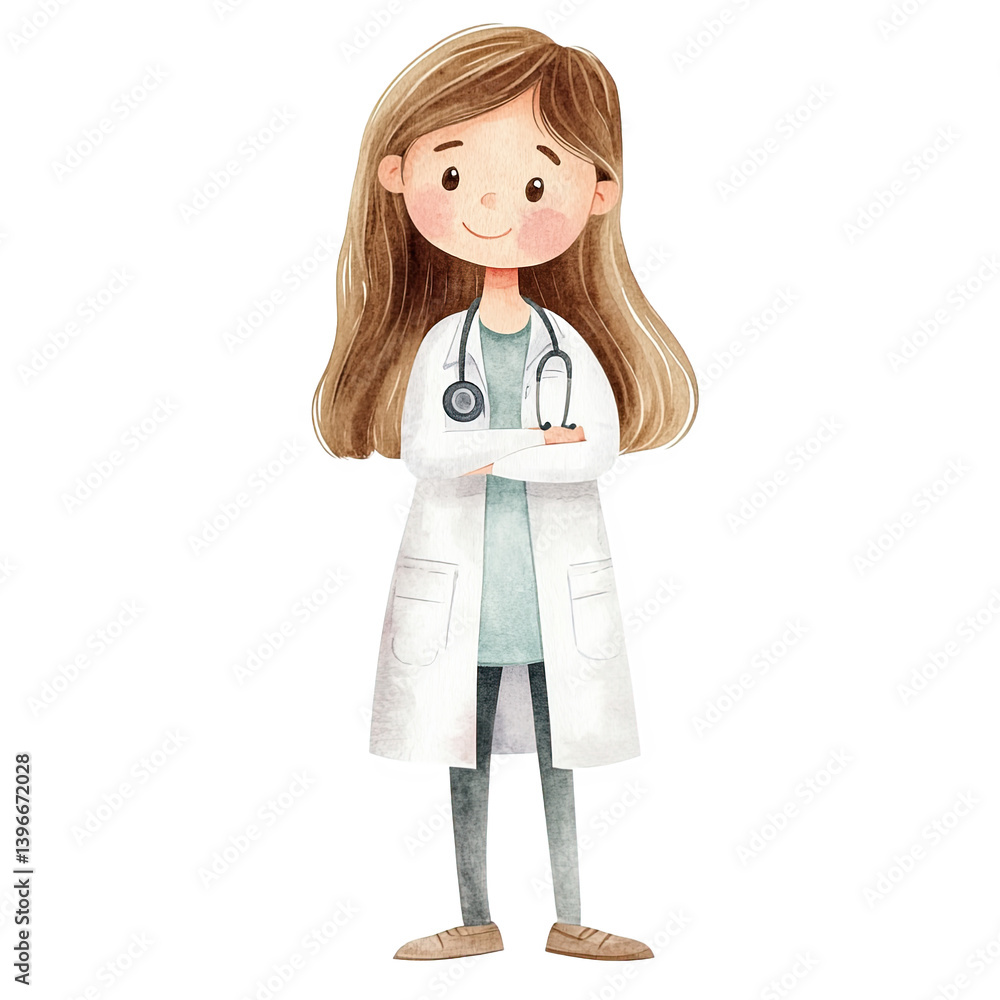 Illustration of a cheerful female doctor in a white coat with a stethoscope, isolated on a white background. Illustration of a cheerful female doctor in a white coat with a stethoscope, isolated on a white background.