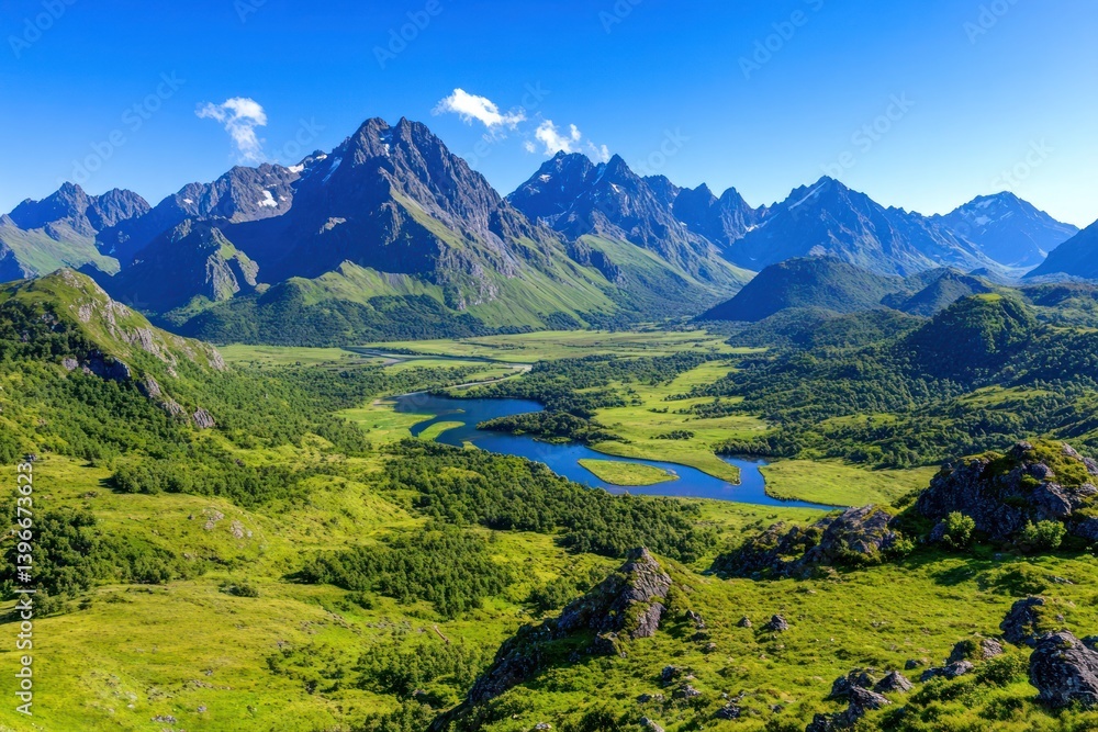 Majestic Mountain Range: A Stunning Panoramic View of Rugged Peaks, Valleys, and Natural Beauty. Experience the Wonder and Adventure of the Great Outdoors.