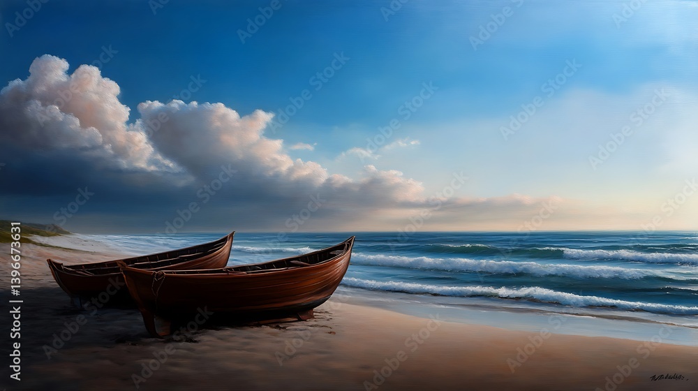 Serene Sunset Wooden Boats on Sandy Beach. Serene Sunset Wooden Boats on Sandy Beach.