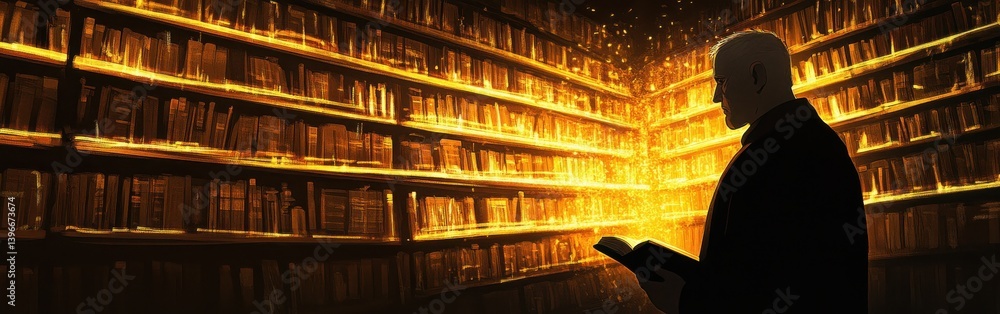 Scholar's silhouette illuminated in a library, reading book amidst glowing bookshelves and light