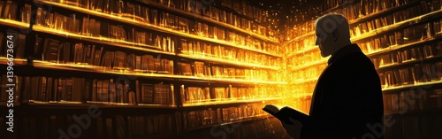 Obraz na płótnie Scholar's silhouette illuminated in a library, reading book amidst glowing bookshelves and light w salonie
