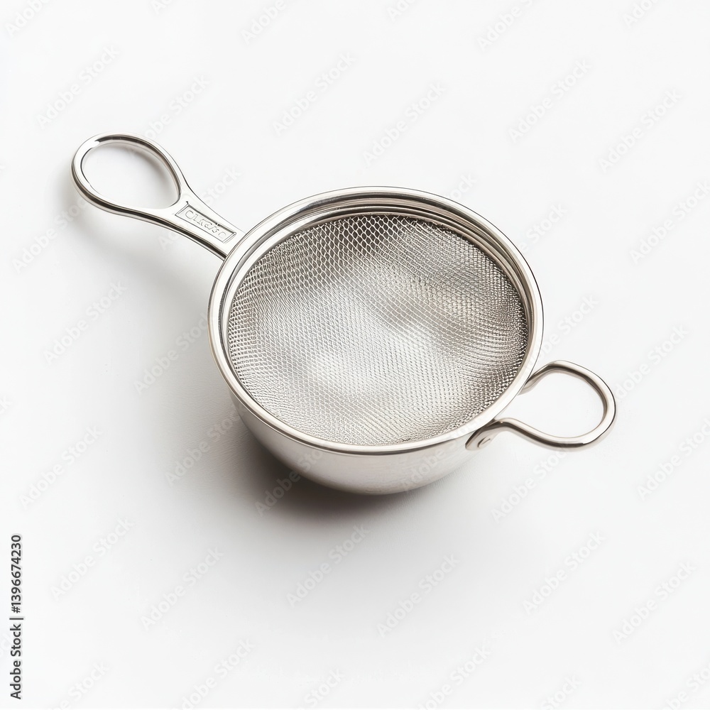 Shiny Silver Tea Strainer with Fine Mesh Lying on White Surface in Studio Lighting Shiny Silver Tea Strainer with Fine Mesh Lying on White Surface in Studio Lighting