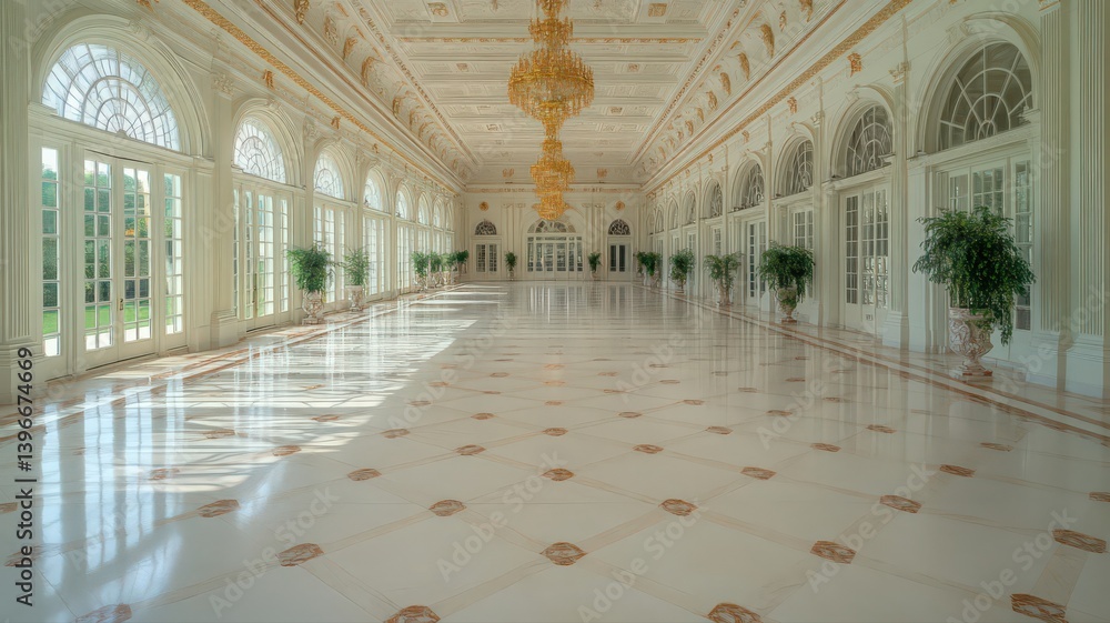 Obraz premium Extravagant White and Gold Ballroom with Crystal Chandelier, Arched Windows, Patterned Tile Floor, Opulent Interior Design, Abundant Natural Light and Grand Architecture