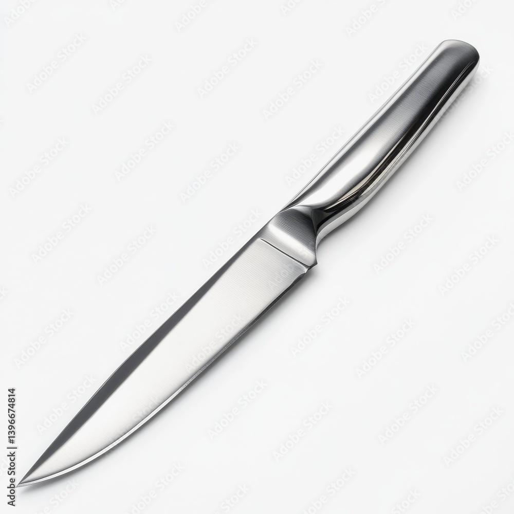 Polished Stainless Steel Kitchen Knife with a Sharp Blade on White Background Polished Stainless Steel Kitchen Knife with a Sharp Blade on White Background