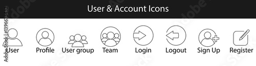 User and Account Icons Set for Web and App UI Login Logout Sign Up Profile Register.