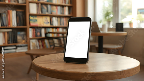 Wallpaper Mural A smartphone with a blank screen placed on a small round table in a bookstore café. Torontodigital.ca