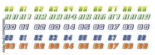collection of racing numbers 80 to 90 with various models and colors on a white background