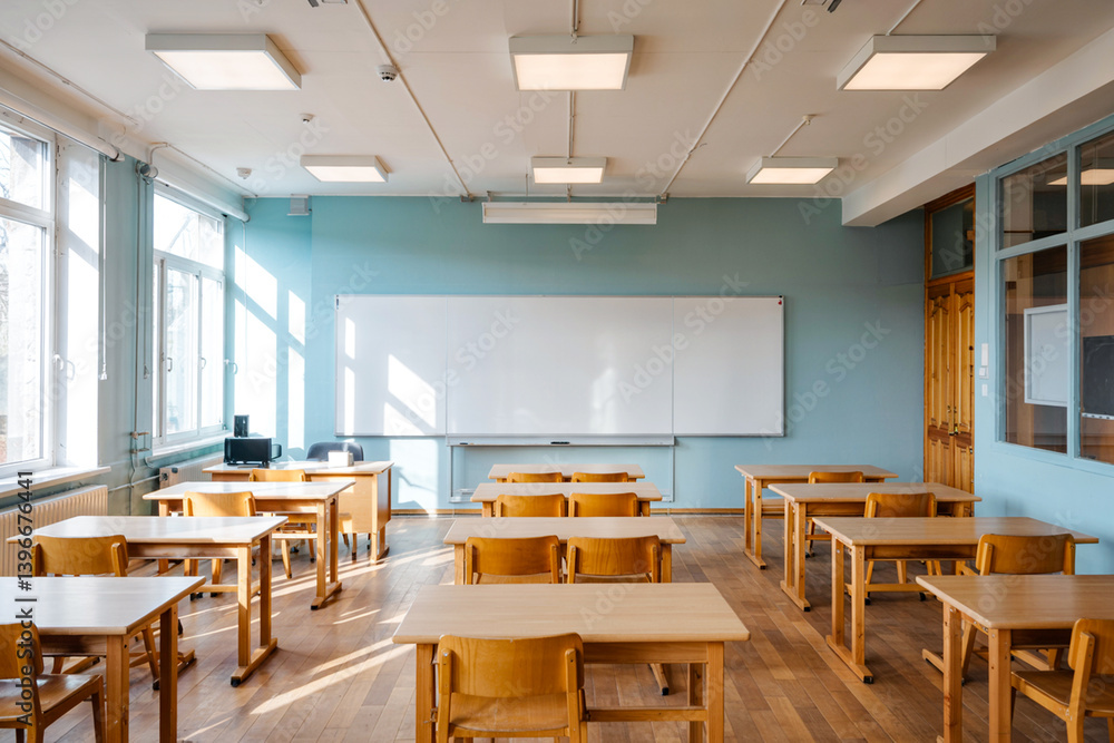 Bright Empty Classroom With Wooden Desks And Chalkboard Ready For Students Bright Empty Classroom With Wooden Desks And Chalkboard Ready For Students