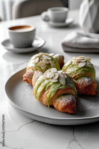 Delicious matcha pastries served elegantly on a refined plate alongside a cup of coffee.