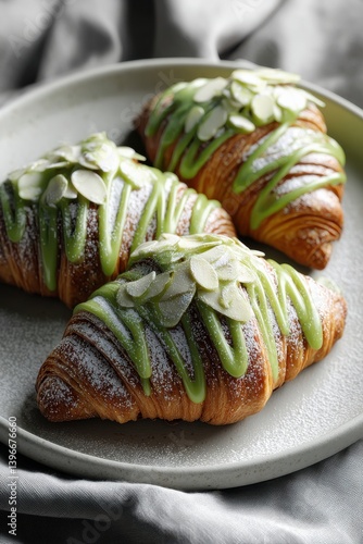 Three croissants generously drizzled with matcha glaze and topped with almonds, creating visual and flavor delight.