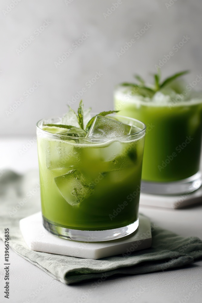 Two glasses filled with a chilled green drink featuring visible ice cubes and fresh mint leaves on top. Two glasses filled with a chilled green drink featuring visible ice cubes and fresh mint leaves on top.