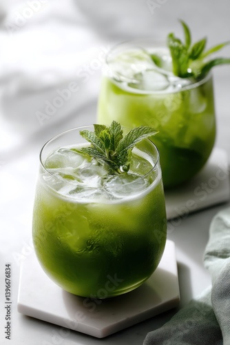The photo showcases two vibrant green drinks with ice and mint garnish, creating a refreshing ambiance.