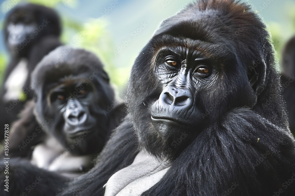 A mountain gorilla family in Rwandas misty highlands, silverback watching protectively, deep wrinkles and expressive A mountain gorilla family in Rwandas misty highlands, silverback watching protectively, deep wrinkles and expressive