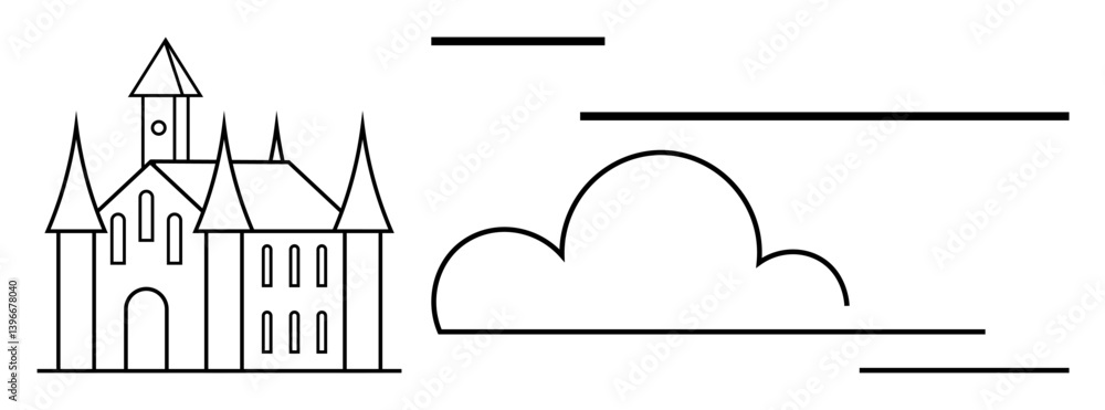 Obraz premium Castle outline with pointed turrets, fluffy cloud, and linear accents. Ideal for history, fantasy, architectural design, storytelling, education art branding. Flat simple metaphor