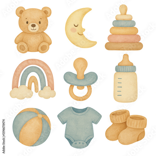Adorable watercolor illustrations of baby items like pacifier, bottle, toys, and clothes—perfect for nursery decor, baby showers, or parenting themes PNG