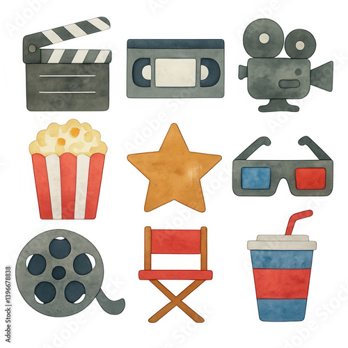 Watercolor-style illustrations of movie-related items like popcorn, film reel, 3D glasses, and clapperboard—perfect for cinema or entertainment themes PNG