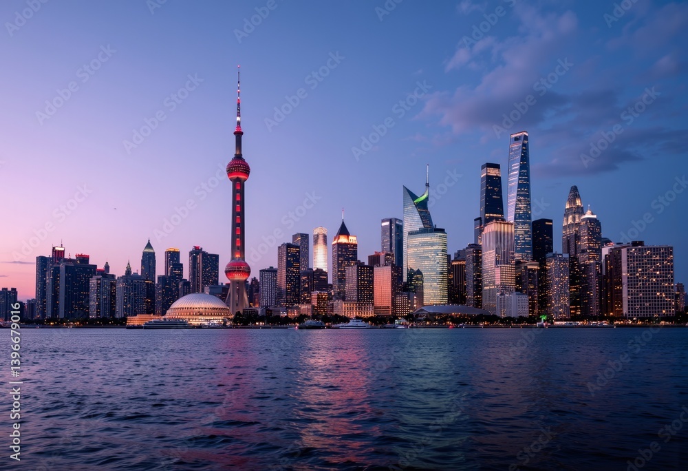Obraz premium Shanghai skyline at dusk reflecting in the water 