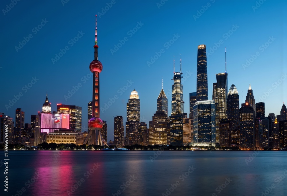 Obraz premium Shanghai skyline illuminated at dusk against the river 