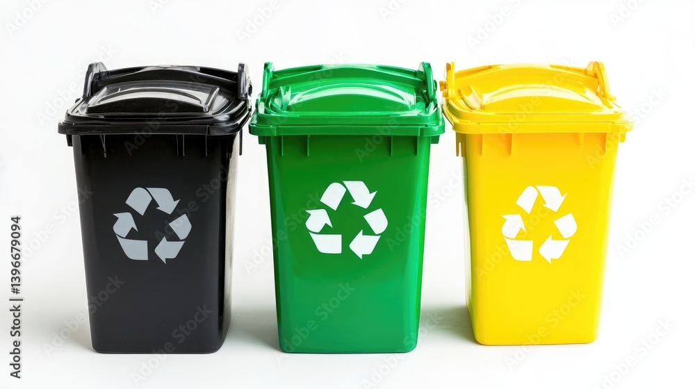 Collection of three recycling bins in different colors (black, green, yellow) isolated on white background Collection of three recycling bins in different colors (black, green, yellow) isolated on white background
