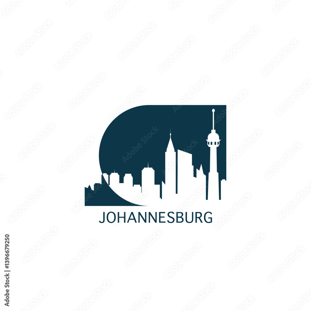 Fototapeta premium Johannesburg vector icon with skyline, panoramic view, city shape. South Africa landmarks logo concept. Blue flat isolated graphic, badge