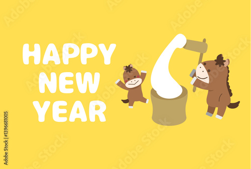 2026 New Year's card horizontal writing, rice cake pounding with horse parents and children
