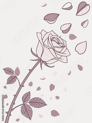 Romantic floral silhouette of rose bloom with flying petals, vintage botanical vector for wedding stationery, love prints, minimalist tattoos, or poetic wall art.