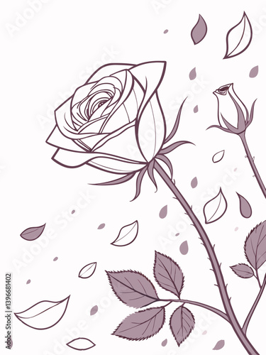 Soft petal silhouette and blooming rose in elegant vector, minimalist floral art for wedding branding, feminine tattoos, poetic illustrations, or love-themed decor.