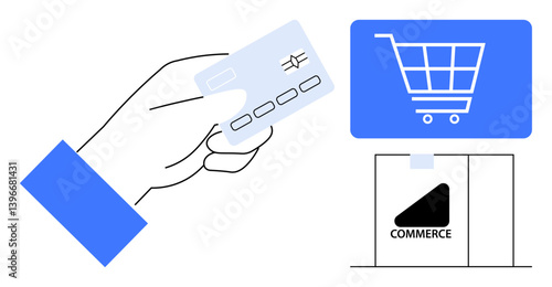 Hand holding payment card beside a display with a shopping cart and commerce icon. Ideal for online payment, e-commerce, shopping, retail technology, transaction, customer journey, flat simple