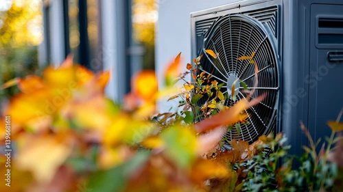 Modern heat pump system on home exterior with fall foliage in foreground near the wall, energy efficiency for climate control in autumn