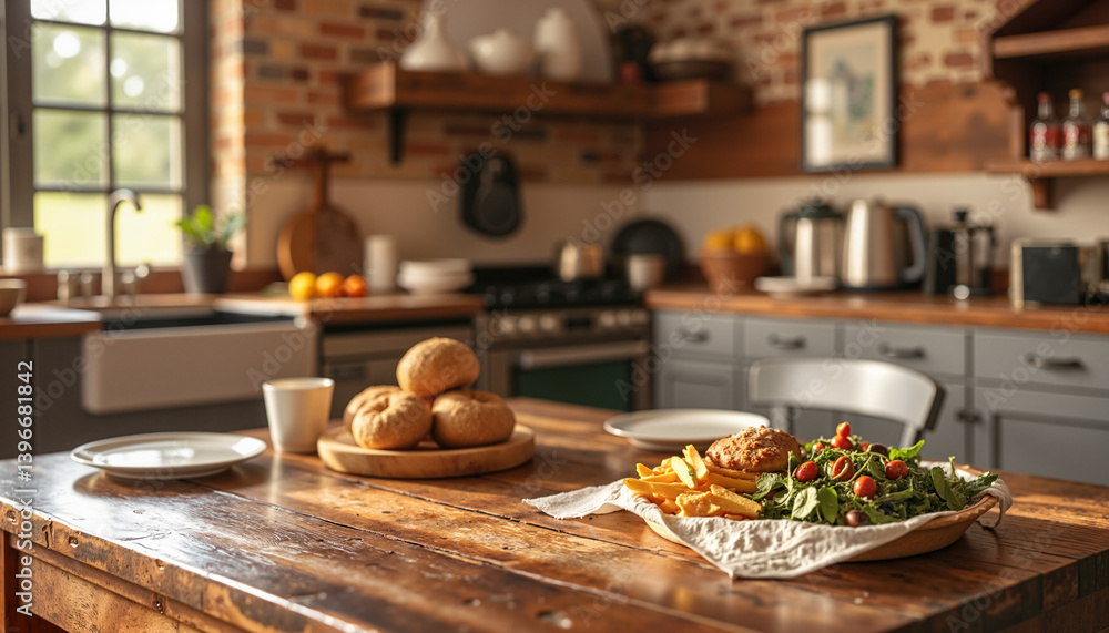 Rustic kitchen with fresh food and baked rolls on a wooden table Rustic kitchen with fresh food and baked rolls on a wooden table