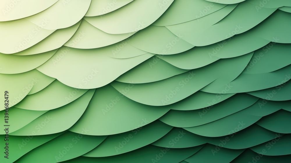 Abstract Background of Green Toned Arcs and Overlapping Shapes Creates a Scaled, Feathered Pattern with Smooth Shading Abstract Background of Green Toned Arcs and Overlapping Shapes Creates a Scaled, Feathered Pattern with Smooth Shading
