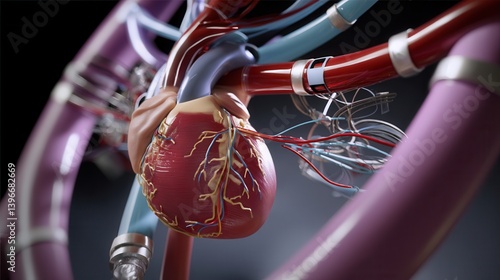 Detailed 3D model of human heart with blood vessels in medical visualization