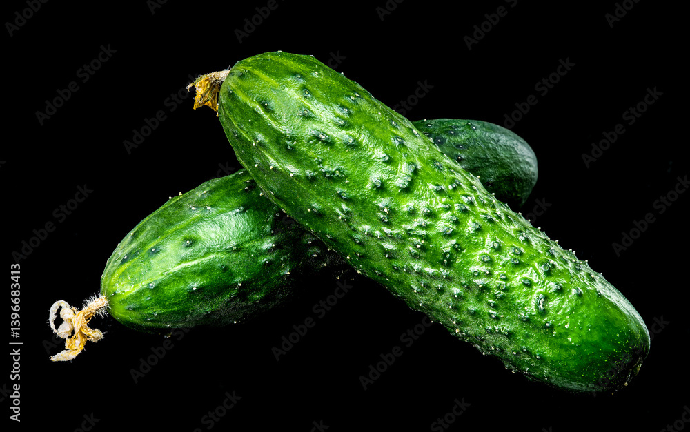 Fresh Cucumbers with Dew Drops on Black Background
