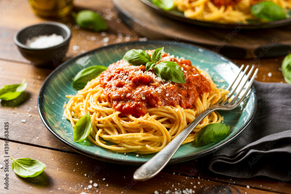Delicious Spaghetti With Tomato Sauce Parmesan And Basil Served On A Plate Delicious Spaghetti With Tomato Sauce Parmesan And Basil Served On A Plate