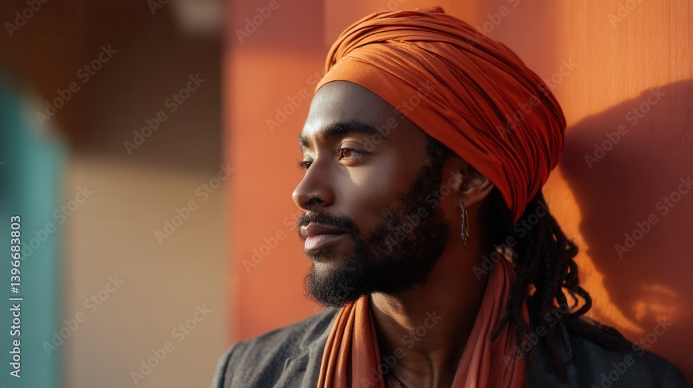Obraz premium Contemplative young man wearing orange turban in warm light