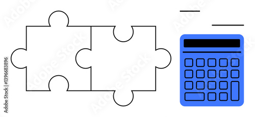 Φωτογραφία Two interlocking puzzle pieces adjacent to a blue calculator suggest teamwork, strategy, analysis, and solutions