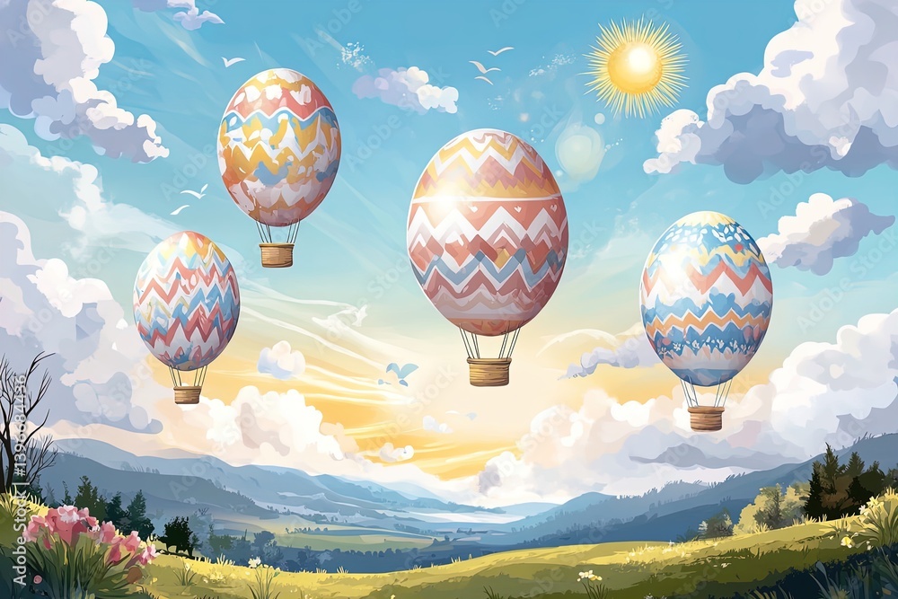 Fototapeta premium Easter egg hot air balloons floating in spring sky