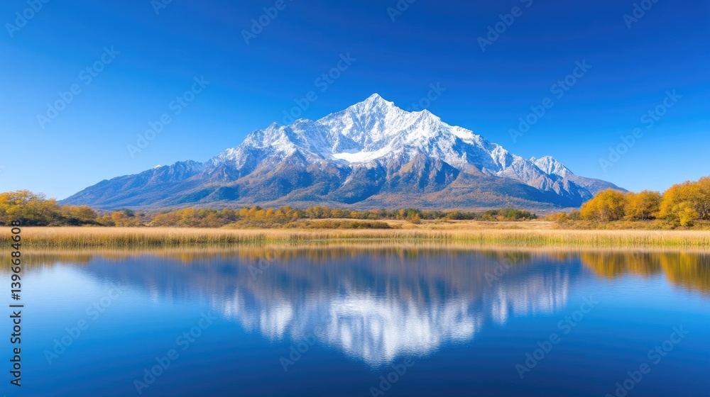 Naklejka premium Majestic mountain reflecting on a tranquil lake. Autumn colors meet pristine snow-capped peak, a serene vista
