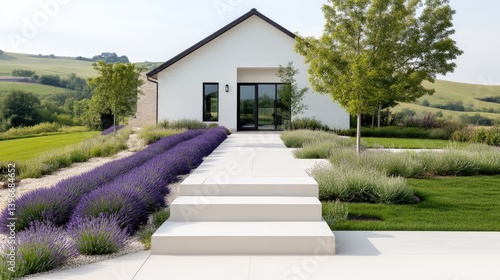Modern farmhouse exterior with lavender landscaping and pathways