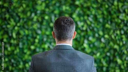 Professional networking event office space image of a businessman green background back view perspective