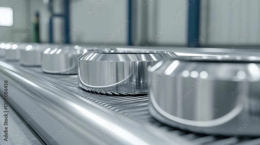 Metal parts on a conveyor belt in a manufacturing facility Metal parts on a conveyor belt in a manufacturing facility